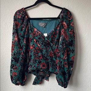 Anthropologie Teal and Purple Tie Front Puff Sleeve Sheer Velvet Blouse